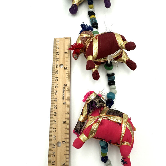 2 Handmade Colorful Fabric Elephant Camel On Hanging Beaded Strings Bells - Picture 4 of 6